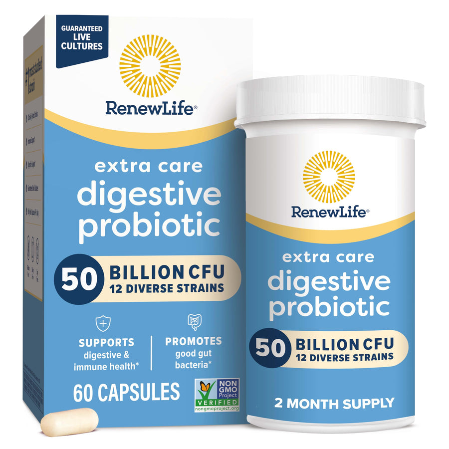 Extra Care Digestive Probiotic Capsules, 50 Billion CFU Guaranteed, Daily Supplement Supports Immune, Digestive, Respiratory Health(1), L. Rhamnosus GG, Dairy, Soy and Gluten-Free, 60 Count