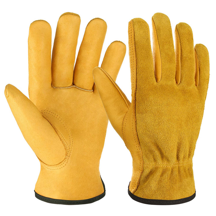 Leather Work Gloves Flex Grip Tough Cowhide Gardening Glove for Wood Cutting/Construction/Truck Driving/Garden/Yard Working for Men and Women 1 Pair (Gold,Medium)