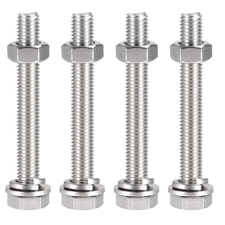 M10 x 80mm Hex Head Screws Bolts, Nuts, Flat & Lock Washers Kits, 304 Stainless Steel Fully Thread Hexagon Bolts 4 Sets