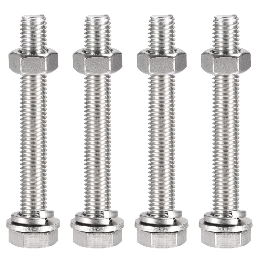 M10 x 80mm Hex Head Screws Bolts, Nuts, Flat & Lock Washers Kits, 304 Stainless Steel Fully Thread Hexagon Bolts 4 Sets