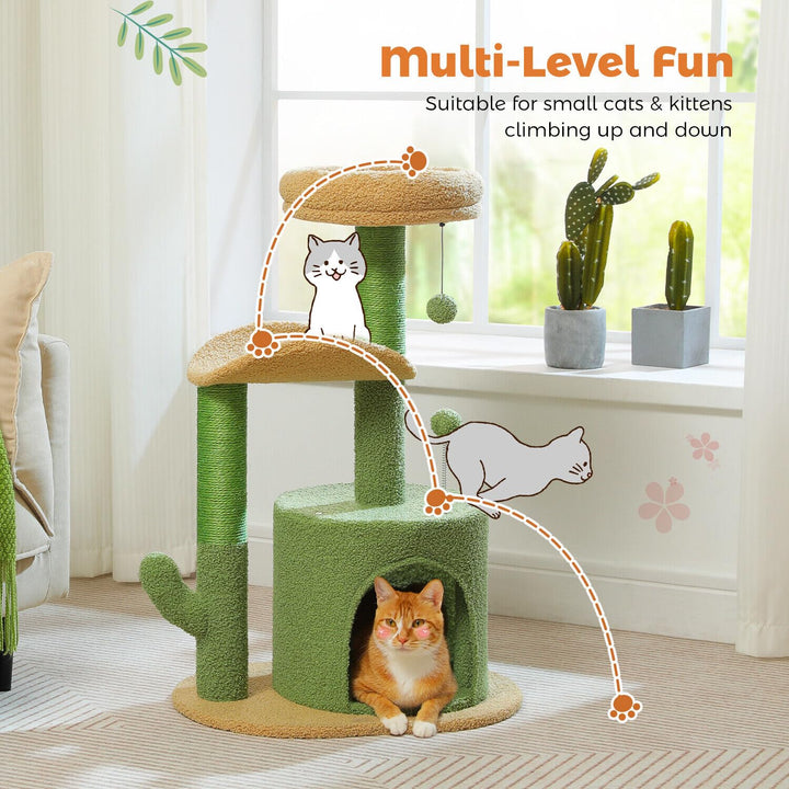 Cactus Cat Tree Small Cat Tower 32” Cat Scratching Post with Curved Perch, Cozy Cat Condo, Removable Padded Top Bed for Kittens and Indoor Cats-Green