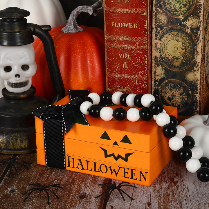 Halloween Wooden Book Stack Pumpkin Wooden Block Signs with Bead Ornament Halloween Wooden Faux Books Tiered Tray Decor for Home Kitchen Shelf Tabletop Display Halloween Party Decorations