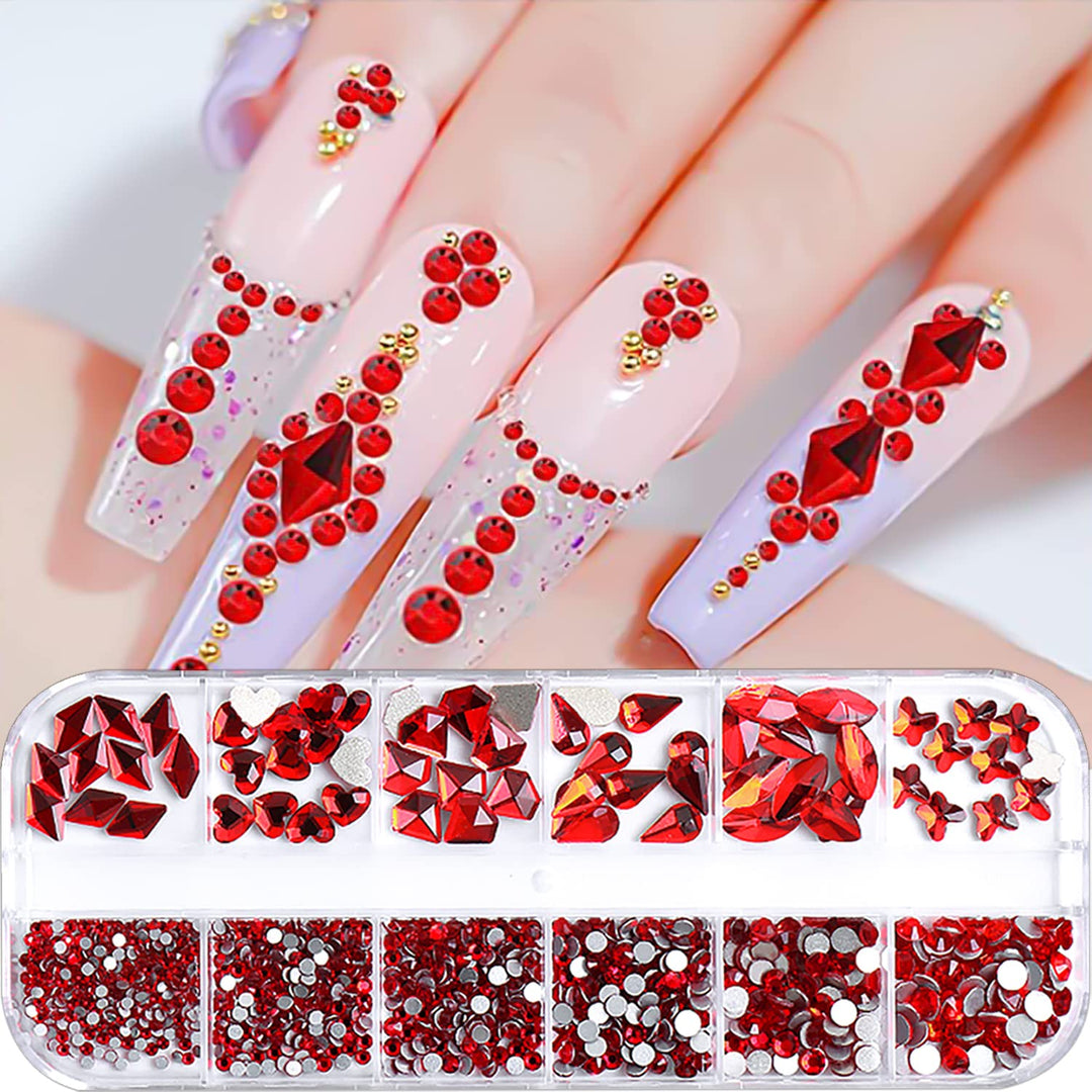 2 Box Nail Gems And Rhinestones Set Flatback Ruby Red And Pink Nail Rhinestones For Nails Round Nail Diamonds And Big Nail Rhinestones Mix-Shapes Nail Art Rhinestones For Acrylic Nails Women