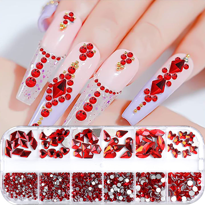 2 Box Nail Gems And Rhinestones Set Flatback Ruby Red And Pink Nail Rhinestones For Nails Round Nail Diamonds And Big Nail Rhinestones Mix-Shapes Nail Art Rhinestones For Acrylic Nails Women