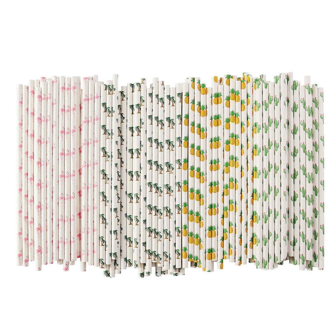Hawaiian Tropical Party Paper Straws, Flamingo/Pineapple/Cactus/Coconut Tree Biodegradable Straws for Beach Cocktail Luau Decorations, Pack of 100