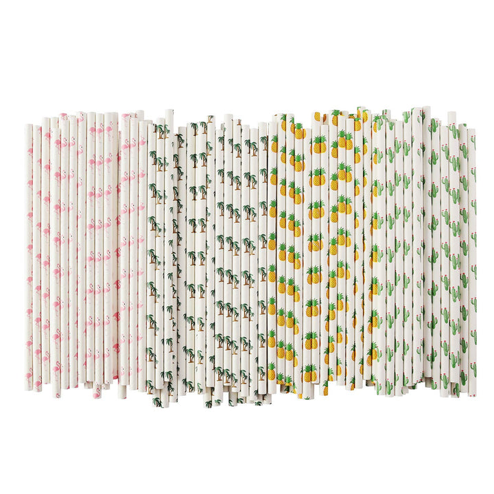 Hawaiian Tropical Party Paper Straws, Flamingo/Pineapple/Cactus/Coconut Tree Biodegradable Straws for Beach Cocktail Luau Decorations, Pack of 100