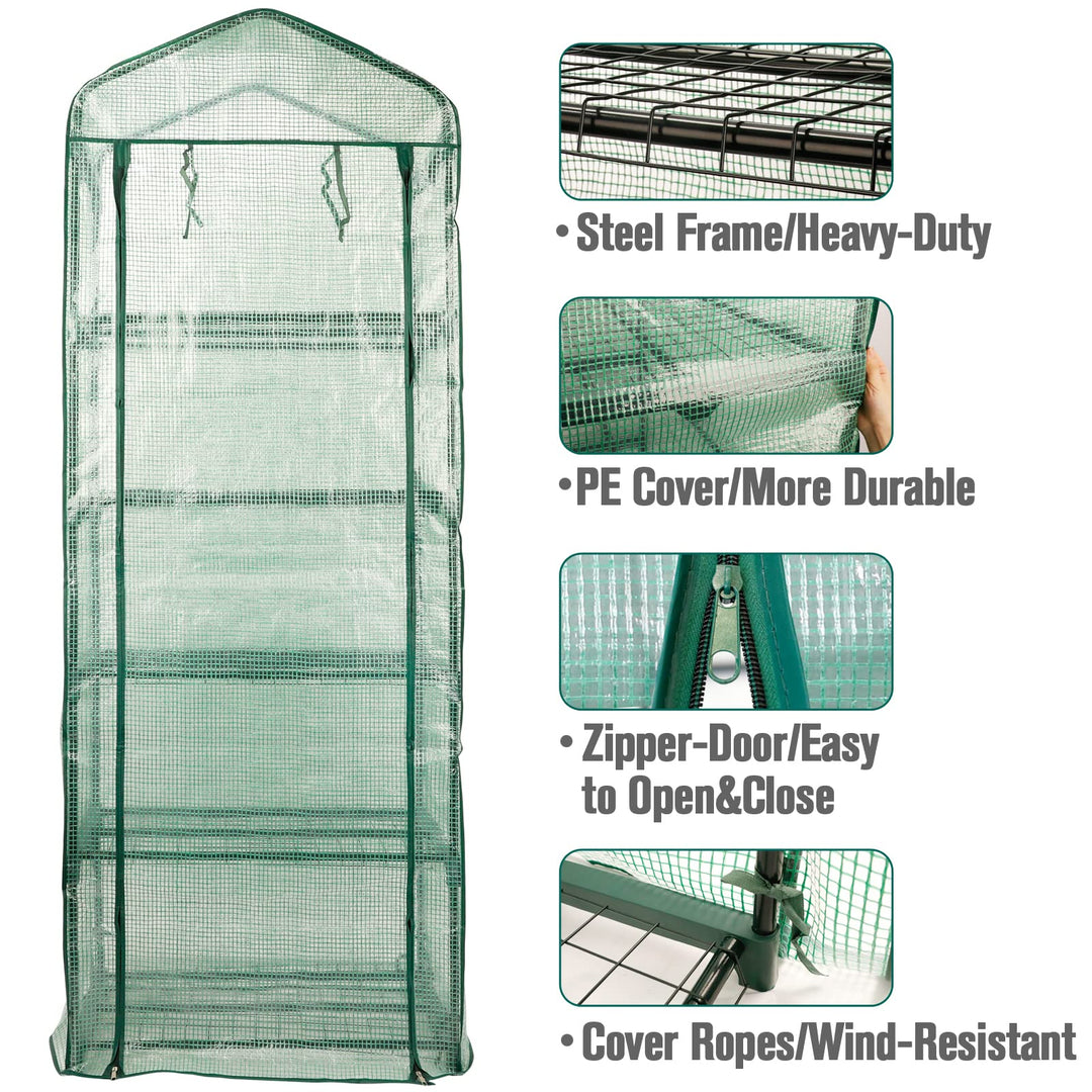Garden 4 Tier Mini Greenhouse - 63'' H x 27'' L x 19'' W - Sturdy Portable Gardening Shelves with Durable PE Cover w/ Roll-Up Zipper Door- Small Green House Indoor & Outdoor for Plants Flowers