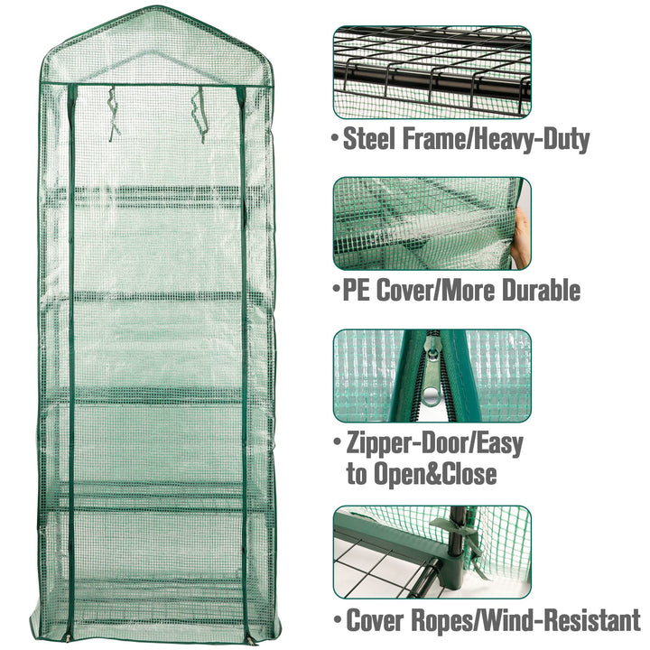 Garden 4 Tier Mini Greenhouse - 63'' H x 27'' L x 19'' W - Sturdy Portable Gardening Shelves with Durable PE Cover w/ Roll-Up Zipper Door- Small Green House Indoor & Outdoor for Plants Flowers