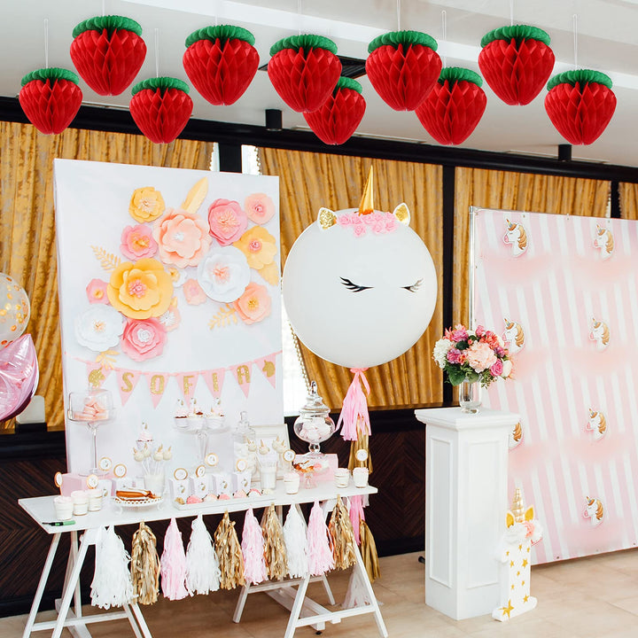10 Pieces 6 Inch Paper Strawberry Honeycomb Ball Tissue Paper Strawberry Ball for Strawberry Birthday Party Decoration (Red)