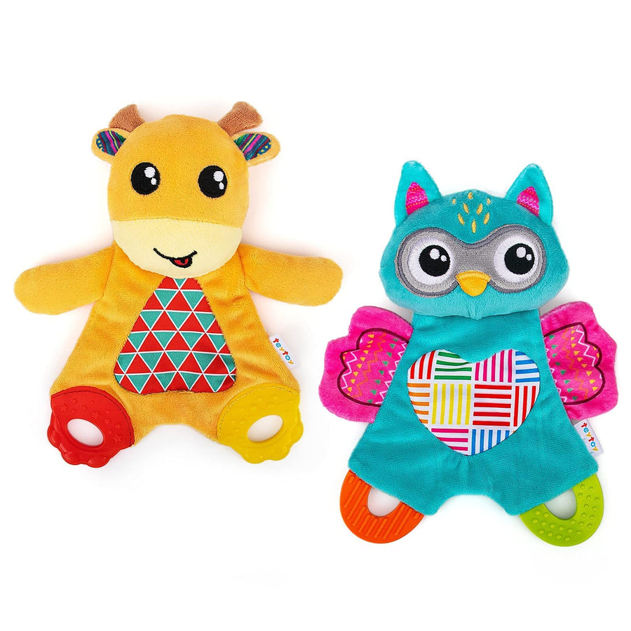 2 Pcs Crinkle Toys for Baby with Teether, Baby Teething Sensory Toys Newborn Bib Saliva Soother Towel, Soft Snuggle Sleeping Security Blanket for Unisex Babies 0-36 Months Gifts(Owl and Deer)