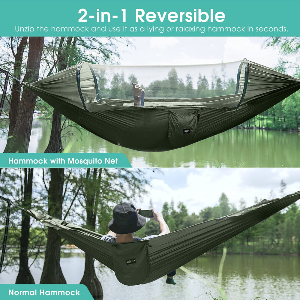 Large Camping Hammock with Mosquito Net 2 Person Pop-up Parachute Lightweight Hanging Hammocks Tree Straps Swing Hammock Bed for Outdoor Backpacking Backyard Hiking (New Army Green)