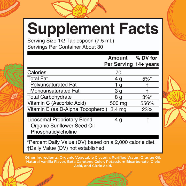 Liposomal Vitamin C | Immune Support Supplement | Megadose Vitamin C Supplement 500mg | Skin Care | Liquid Vitamin C | Vitamin E | Vegan | Non GMO | 30 Servings