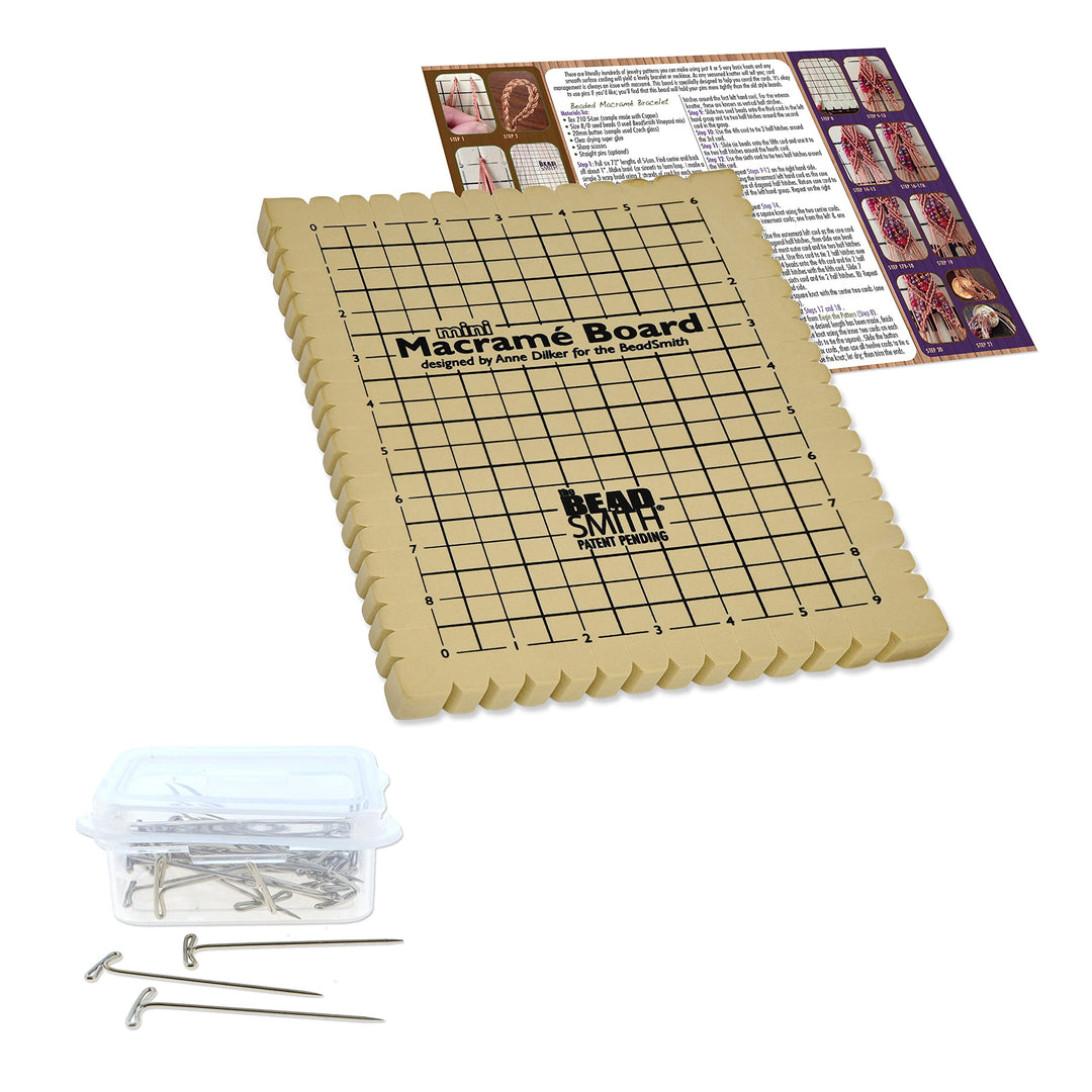 Mini Macrame Combo - Bead Board 7.5 x 10.5 inches - Box of 40 T-pins 1.75 inches - Bracelet Project & Instructions Included - Ideal for securing & creating Macrame and Knotting Creations