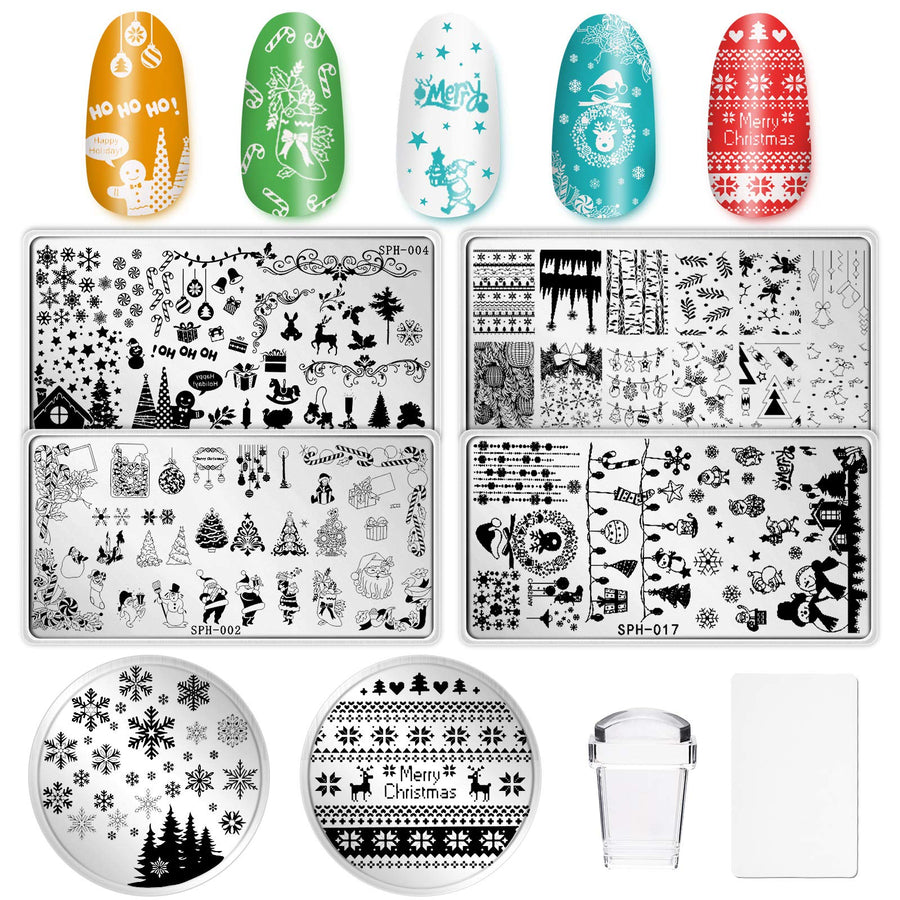 Christmas Nail Art Plates Santa Reindeer Snowflake Image Stamp Templates Stamping Kit - 6 Manicure Stencils Tool Set with 1 Polish Stamper and 1 Scraper by Salon Designs