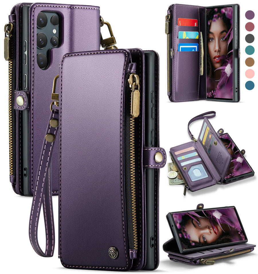 Compatible with Samsung Galaxy S22 Ultra Case Wallet with Card Holder for Women Men, PU Leather Magnetic Snap Flip Zipper Strap Wallet Case Fit for Galaxy S22 Ultra 5G, Black