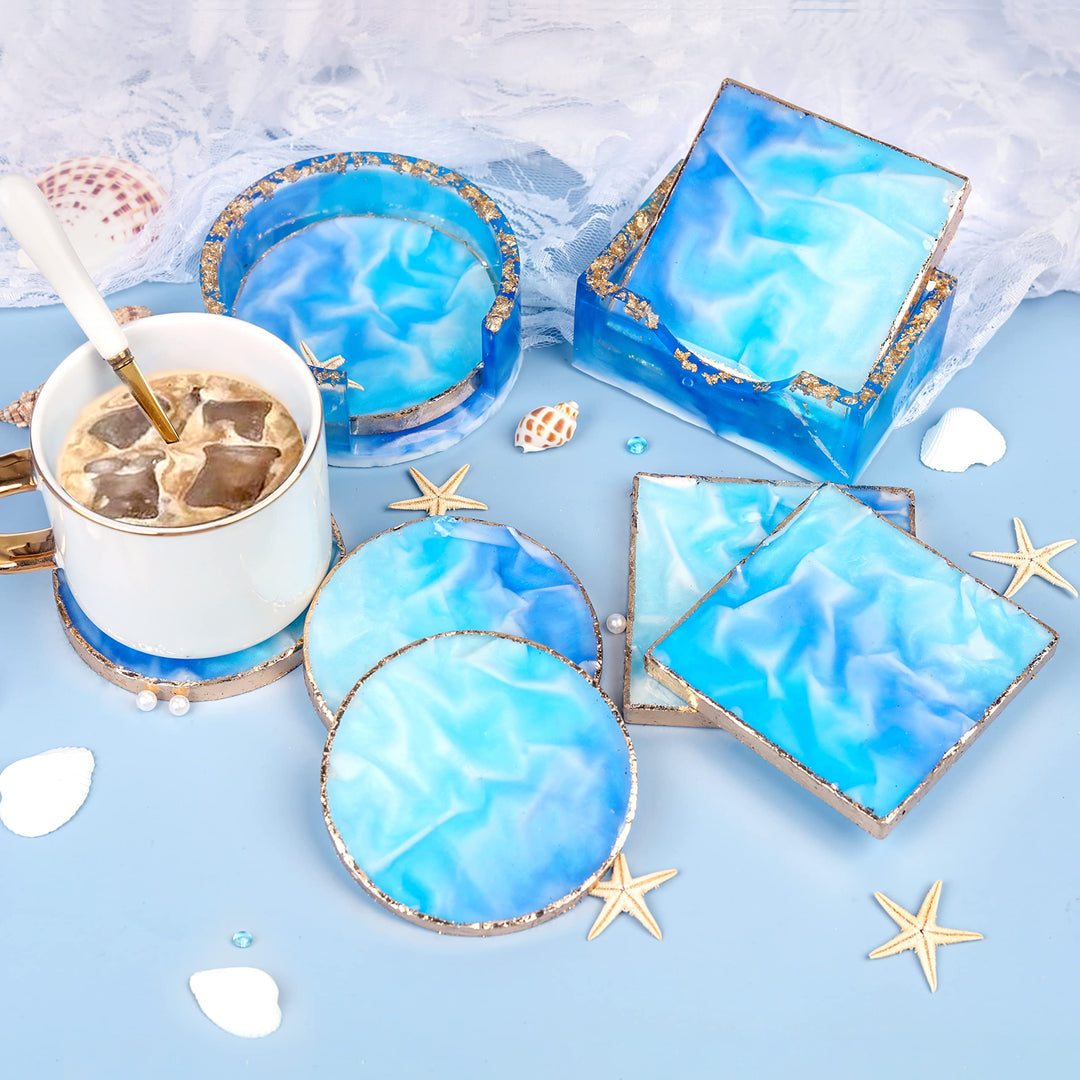 LET'S RESIN Coaster Resin Molds, Upgraded 10pcs Epoxy Molds Holder Kit with 5 Plastic Dropper 5 Wooden Sticks 2 Gloves, Sturdy Silicone Molds for Epoxy Resin, Cups Mats
