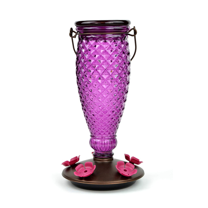 9102-1SR Purple Diamond Wine Top Fill Glass Hummingbird Feeder with Built-in Bee Guards - Outdoor Garden Décor - 24 Oz