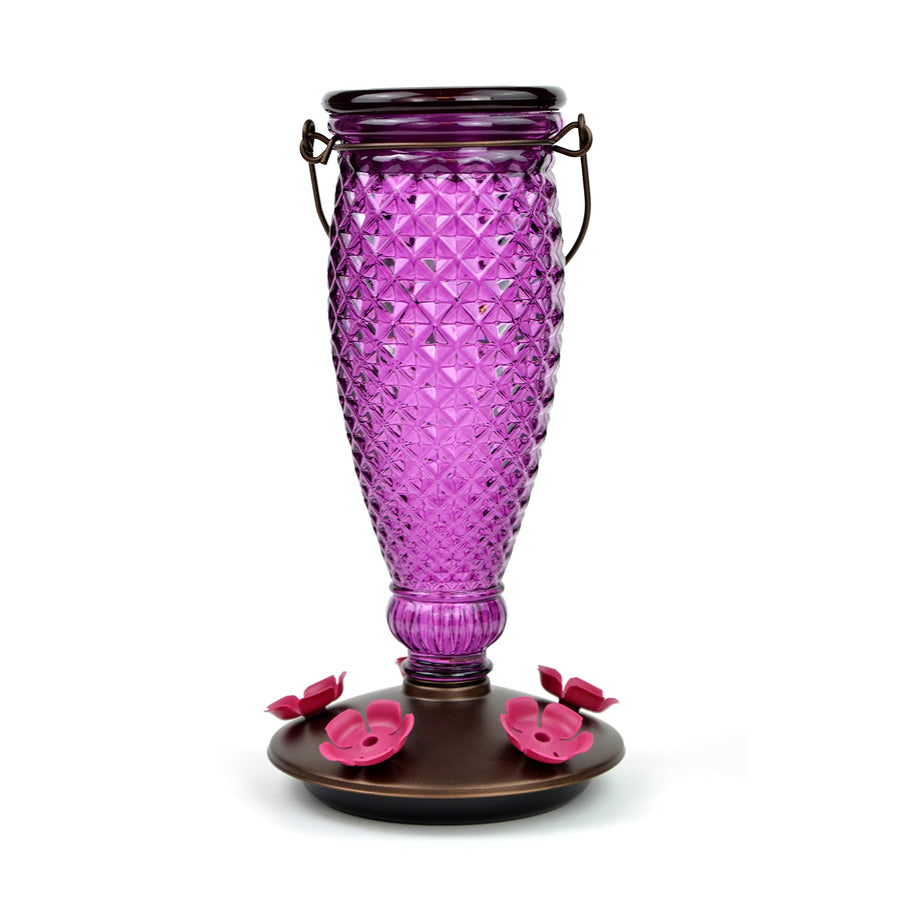 9102-1SR Purple Diamond Wine Top Fill Glass Hummingbird Feeder with Built-in Bee Guards - Outdoor Garden Décor - 24 Oz