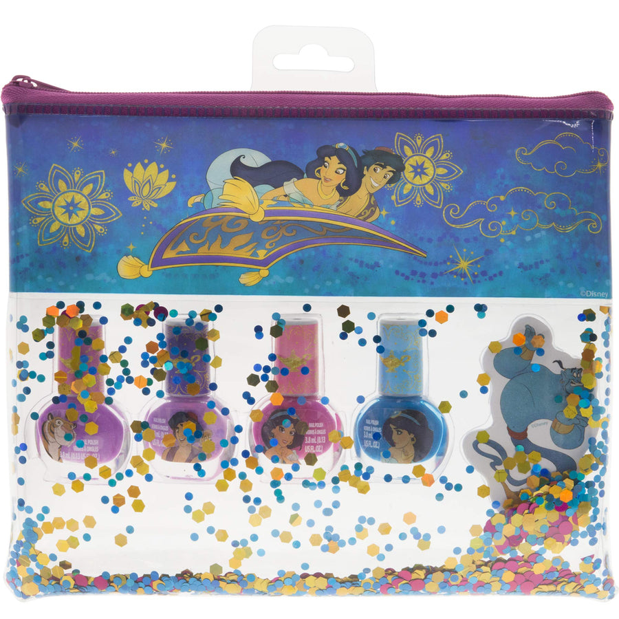 Disney Aladdin Non-Toxic Peel-Off Nail Polish Set with Nail File and Glitter Bag for Girls, Opaque Colors, Ages 3+ (4 Pack), 5 Count