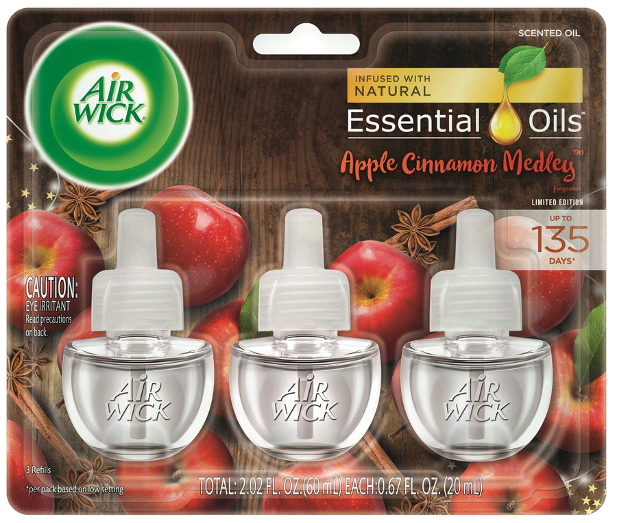 plug in Scented Oil 3 Refills, Apple Cinnamon Medley, Holiday scent, Holiday spray, (3x0.67oz), Essential Oils, Air Freshener, Packaging May Vary