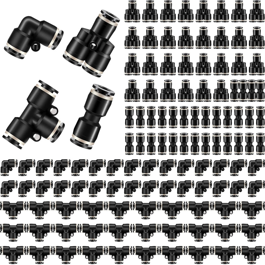 Push to Connect Fittings Air Line Pneumatic Fittings Kit 60 Pieces Quick Release Pneumatic Connectors 15 Splitters 15 Elbows 15 Tee 15 Straight Tubes (Black,1/4 Inch Od)