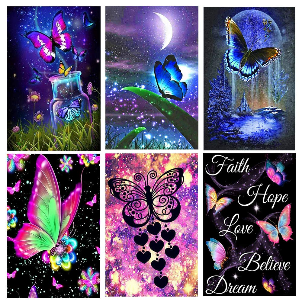 Adult 6-Piece DIY 5D Diamond Painting kit, Complete Diamond Painting, Diamond Painting Art, Wall Decoration, Butterfly (12x16inches)