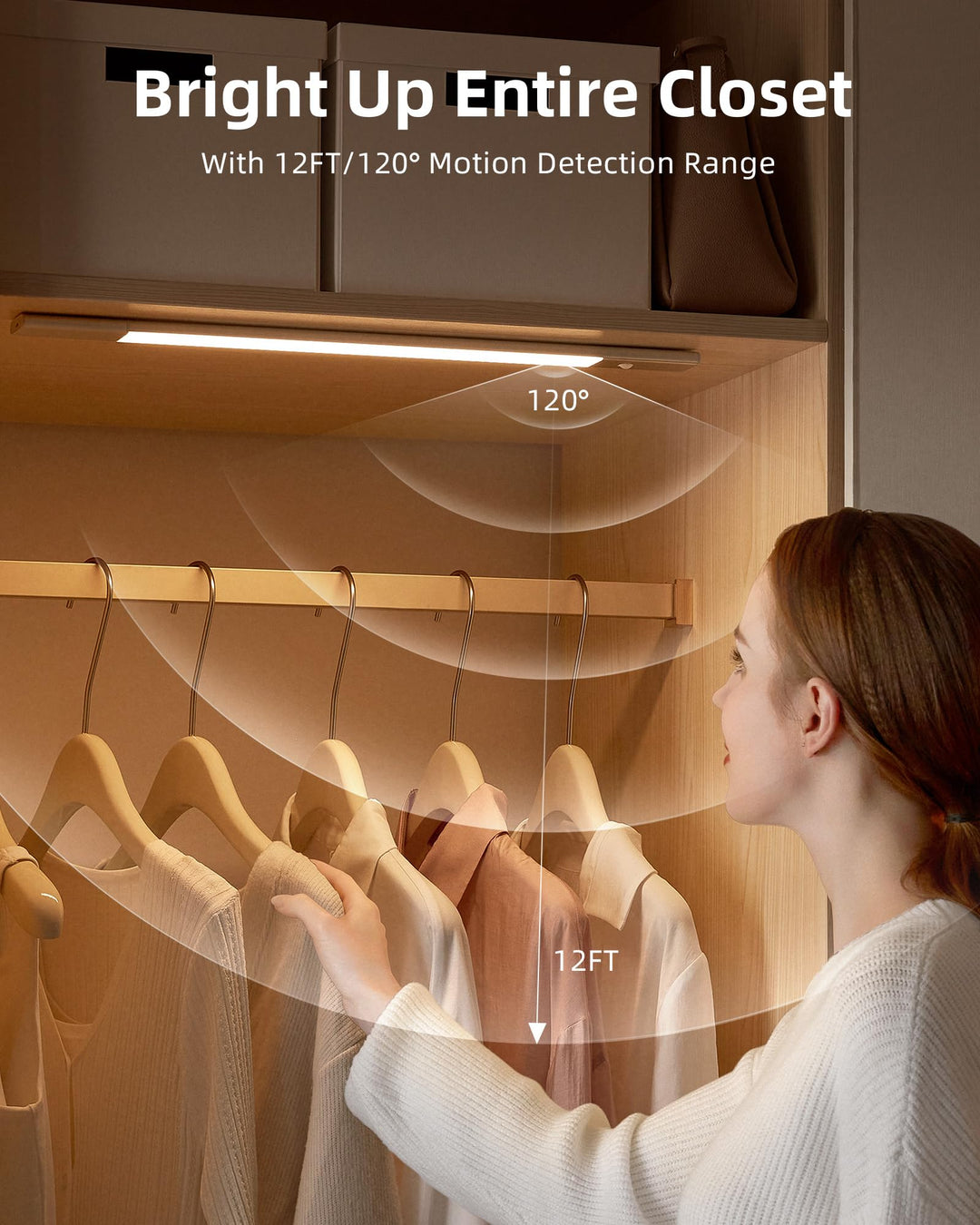 Under Cabinet Lighting, Rechargeable 2200mAh Detachable Battery, 76 LED Dimmable Closet Lights, 3 Color Temps, Wireless Motion Sensor Light for Kitchen, Stairway, Wardrobe