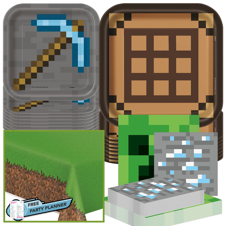 Minecraft Party Table Decorations Dinnerware Bundle - Officially Licensed Dinner and Dessert Paper Plates, Luncheon and Beverage Paper Napkins and Table Cover