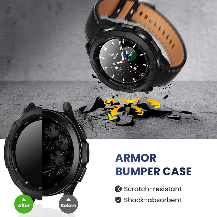 3 in 1 Accessories for Samsung Galaxy Watch 4 46mm, 1 Rugged TPU Armor Bumper Case +2 Tempered Glass Screen Protector Films + 1 Bezel Ring for Galaxy Watch 4 46mm