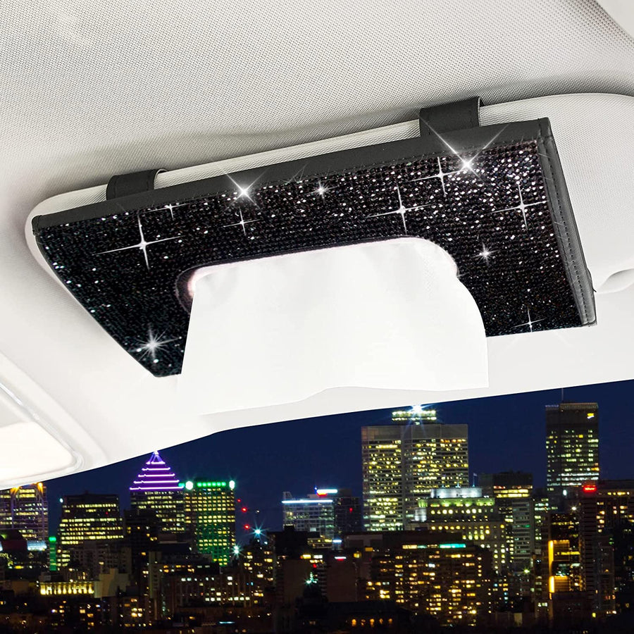 Bling Bling Car Visor Tissue Holder Leather Crystals Paper Towel Cover Case & Glitter Sunglasses Clip for Women Black