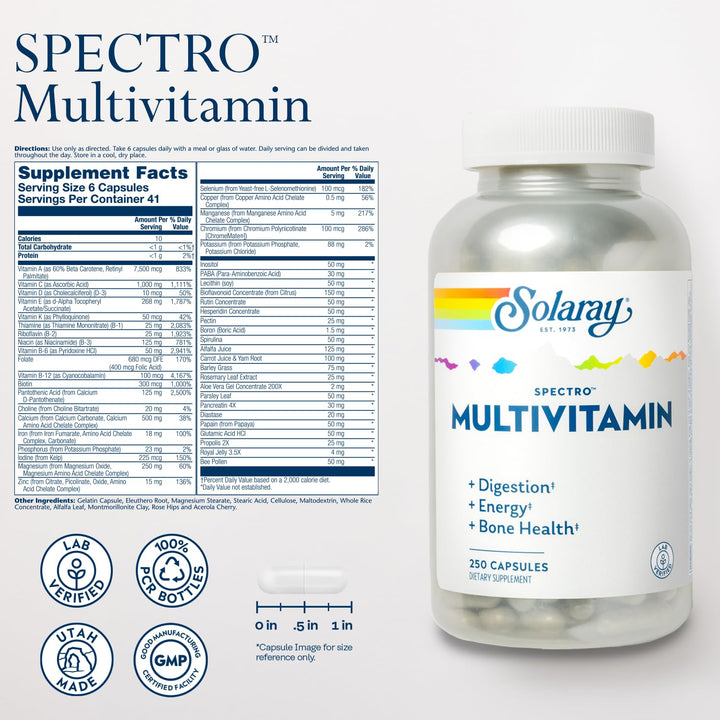 Spectro Multivitamin with Iron - Multi Vitamin with Calcium, Magnesium, Energizing Greens, Herbs & Digestive Enzymes - Digestion, Energy, and Bone Health Support (41 Serv, 250 CT)