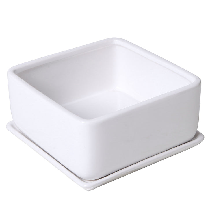 Modern White Ceramic Square Indoor Small Planter, Flower Succulent Plant Pot with Drainage Hole and Removable Drip Tray