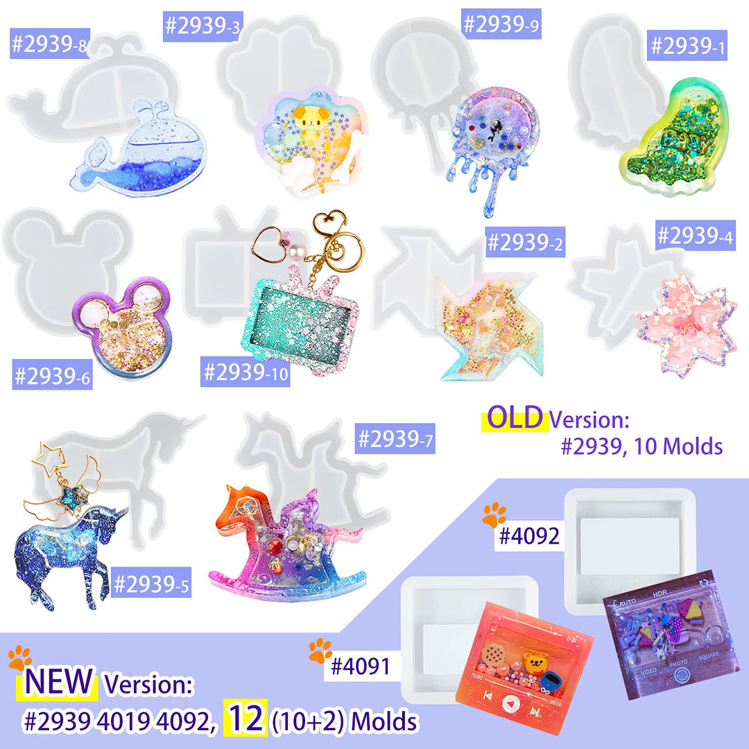 Epoxy Resin Shaker Silicone Molds Set Mouse Head, Flower, Footprint, Dolphin, Windmill, Unicorn, Bear's Paw, TV, Rocking Horse, Drippy Circle, Media Players 12-Count