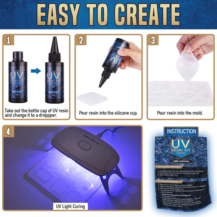 Epoxy UV Light Resin Kit - Silicone Molds UV Clear Casting Curing Jewelry Making Supplies Necklace Keychain Bracelet Arts Crafts Resin Bundle Office Home Decor Complete Set