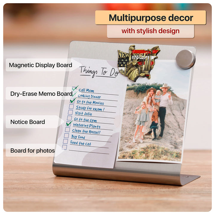 Magnetic Bulletin Board with Stand – Small Dry Erase Memo Board – Tabletop Metal Easel for Magnet Display – Mini Home Decor – 8x8 Inches + 2 Magnets