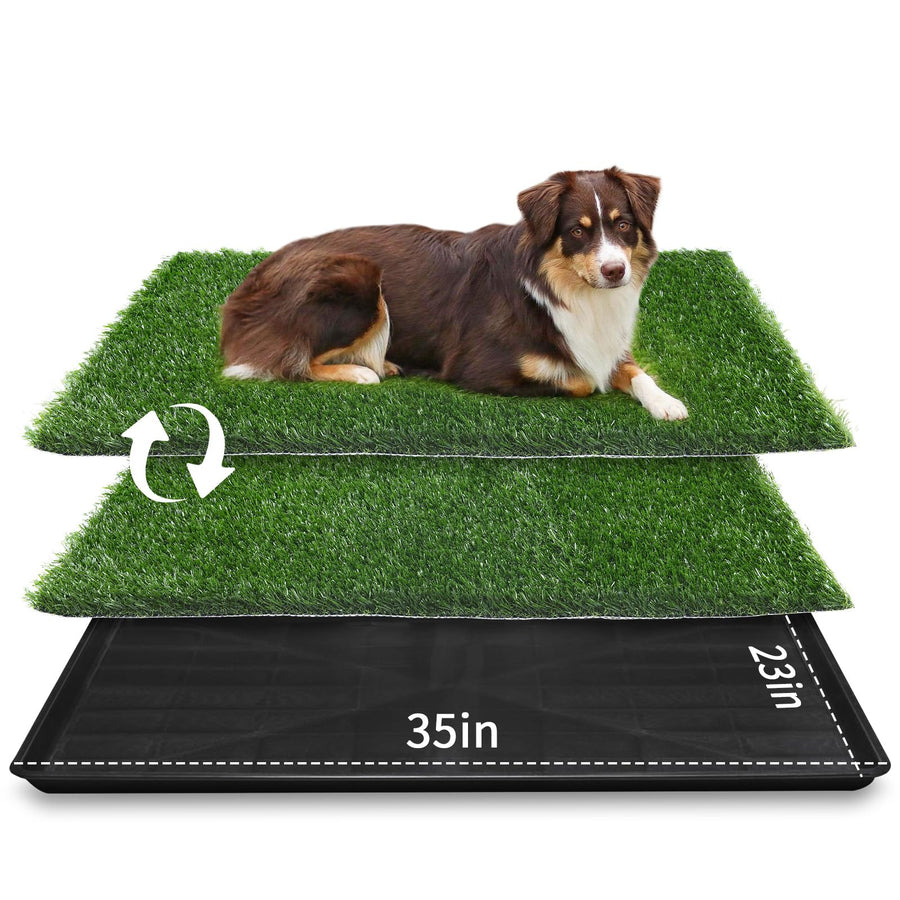 Large Dog Grass Pad with Tray - 35x23in Dog Litter Box with 2-Pack Replacement Artificial Grass Puppy Training Pads - Potty Tray for Balcony Apartment Indoor Outdoor Use