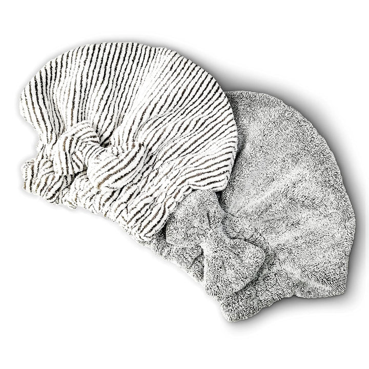 Microfiber Hair Towel Cap,Soft Absorbent Quick Drying Cap for Curly Thick Hair, Wrap Cap for Women Girls-Set of 2 Pcs (Stripe&Gray)