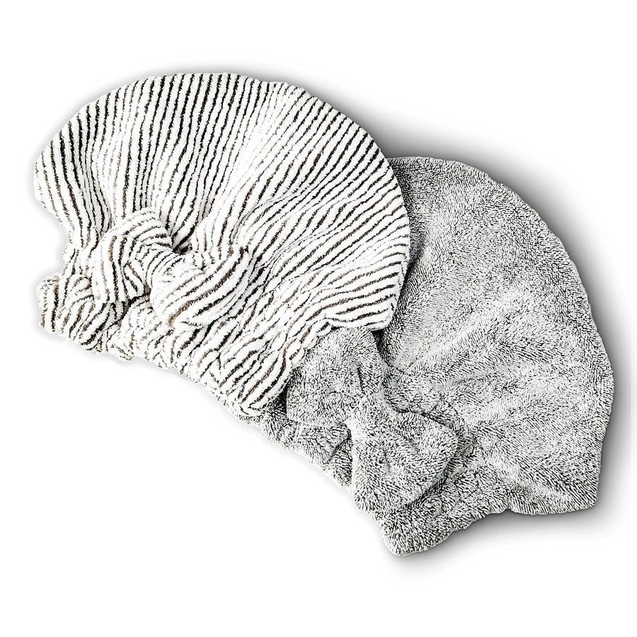 Microfiber Hair Towel Cap,Soft Absorbent Quick Drying Cap for Curly Thick Hair, Wrap Cap for Women Girls-Set of 2 Pcs (Stripe&Gray)