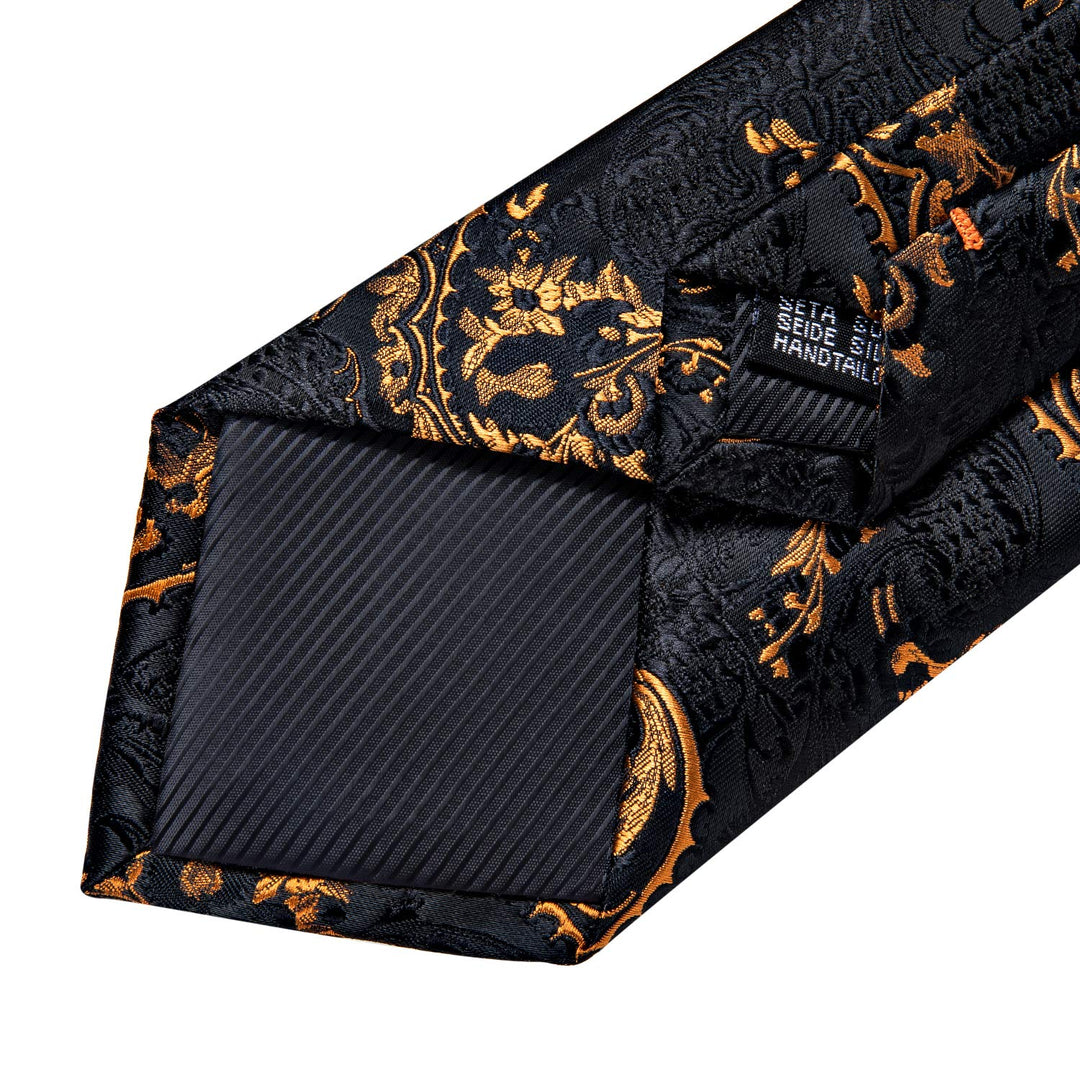 Mens Tie Set Silk Solid Paisley Necktie and Pocket Square Cufflinks Classic Formal Ties for Men Wedding Party, Black Gold