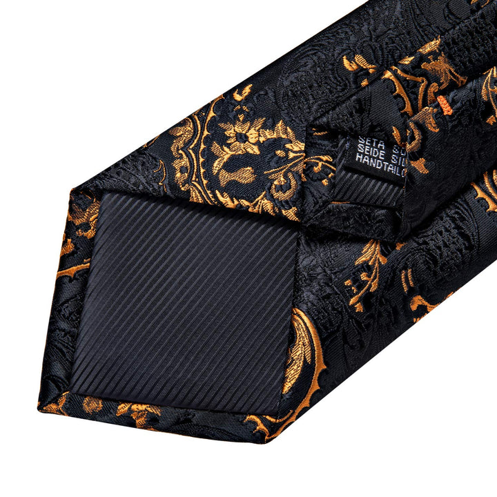 Mens Tie Set Silk Solid Paisley Necktie and Pocket Square Cufflinks Classic Formal Ties for Men Wedding Party, Black Gold