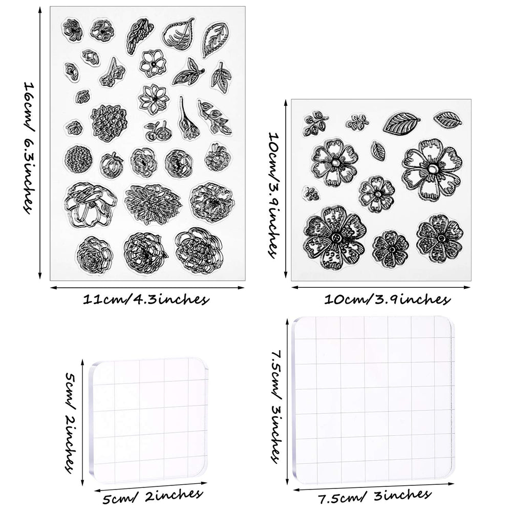 9 Pieces Flower Series Clear Stamp Crafts Flowers Silicone Stamps and Acrylic Stamp Blocks Tools with Grid Lines for Card Making Decor DIY Scrapbooking (Transparent)