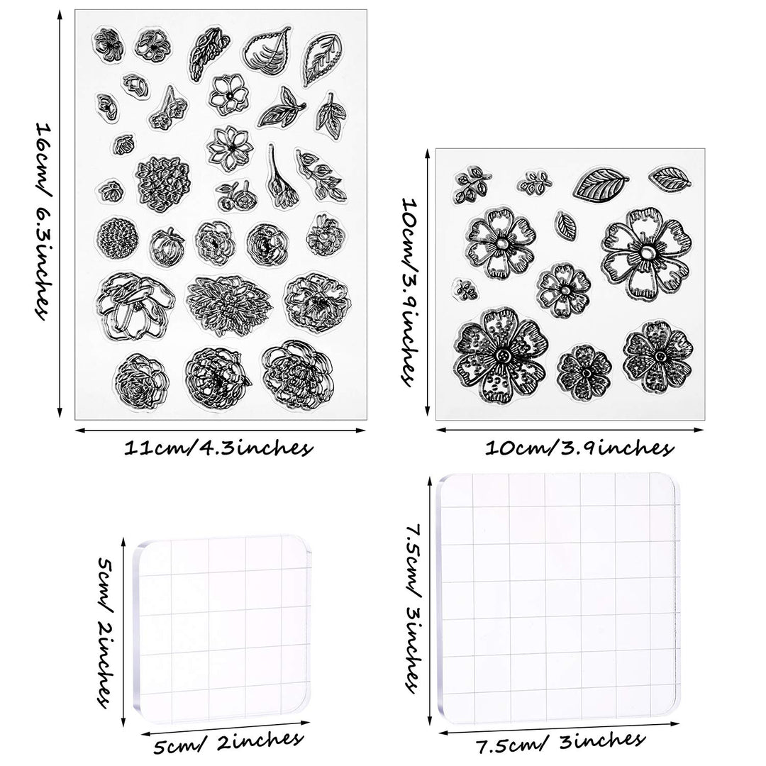 9 Pieces Flower Series Clear Stamp Crafts Flowers Silicone Stamps and Acrylic Stamp Blocks Tools with Grid Lines for Card Making Decor DIY Scrapbooking (Transparent)