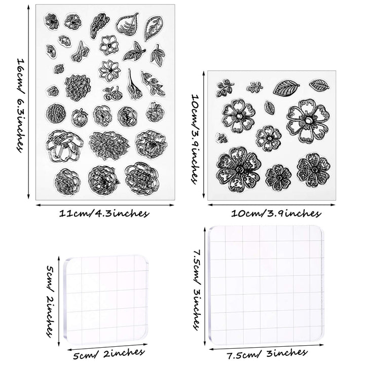 9 Pieces Flower Series Clear Stamp Crafts Flowers Silicone Stamps and Acrylic Stamp Blocks Tools with Grid Lines for Card Making Decor DIY Scrapbooking (Transparent)