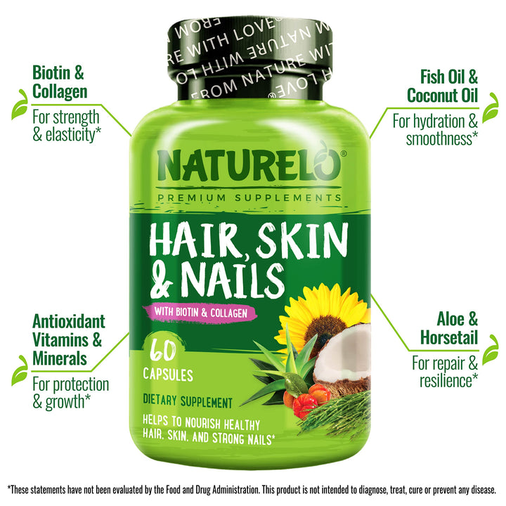 Hair, Skin and Nails Vitamins - 5000 mcg Biotin, Collagen, Natural Vitamin E - Supplement for Healthy Skin, Hair Growth for Women and Men – 60 Capsules