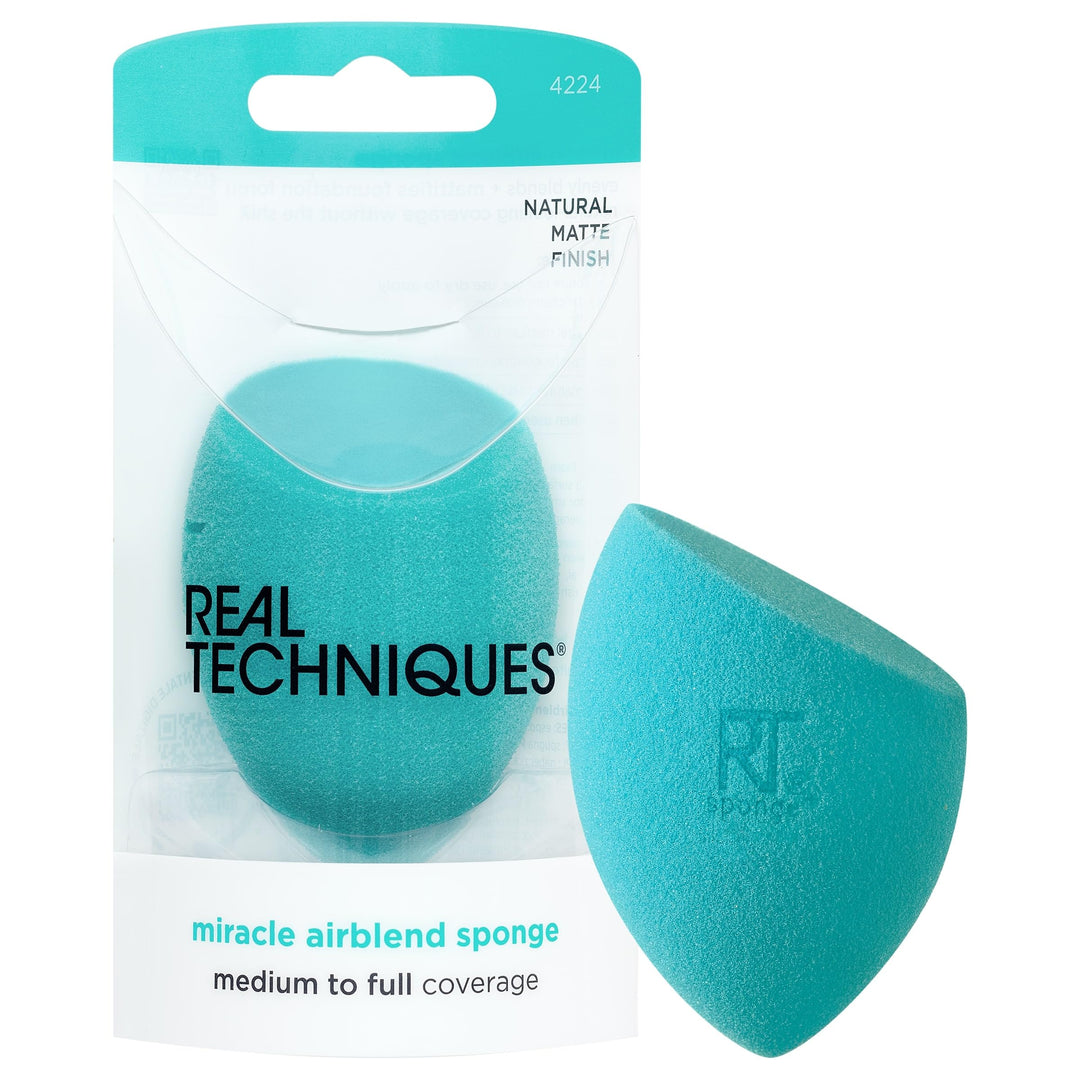 Real Techniques Airblend Sponge, Beauty Makeup Sponge, Matte Makeup Blender, For Foundation & Cream Products, Gives Medium to Full Coverage, Blends & Mattifies, Blue, 1 Count