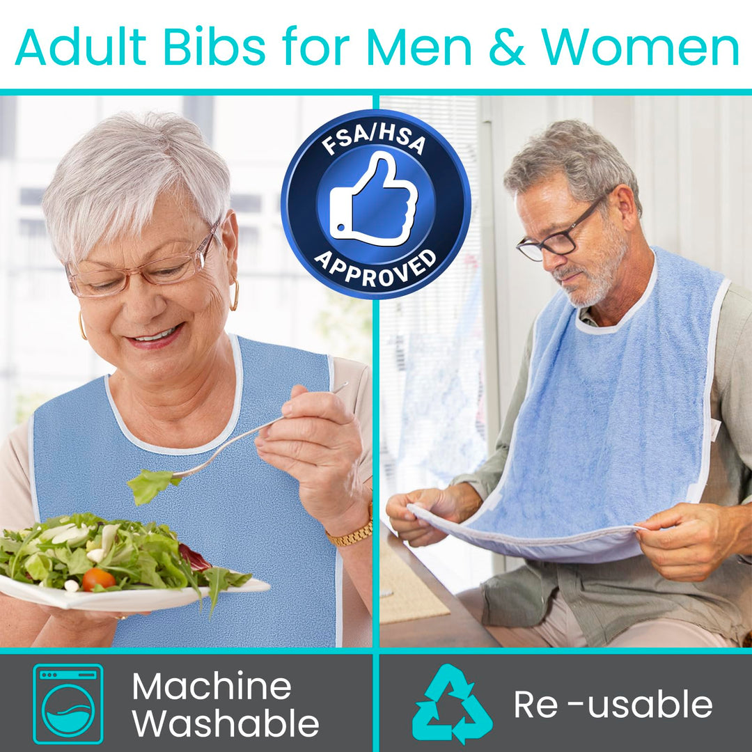 Adult Bibs (2-pack) - Waterproof Apron Set for Men, Women for Eating with Adjustable Strap - Washable Reusable Large Terry Cloth