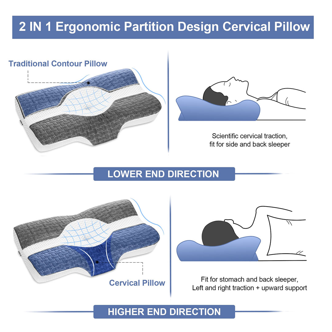 Cervical Pillow, Memory Foam Bed Pillows for Neck Pain Relief, Adjustable Ergonomic Orthopedic Contour Support Pillow for Sleeping, Back, Stomach, Side Sleeper (Dark Grey)