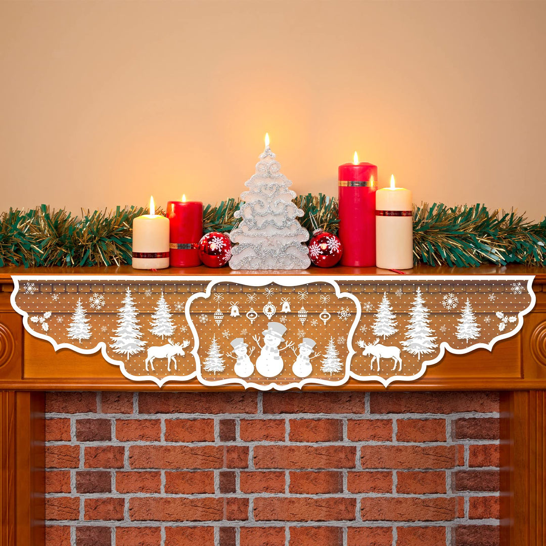 Christmas Fireplace Scarf 20 x 90 Inch Fireplace Cloth White Snowman Christmas Tree Decoration Lace Mantel Cover Runner for Christmas Holiday Home Living Room Decor