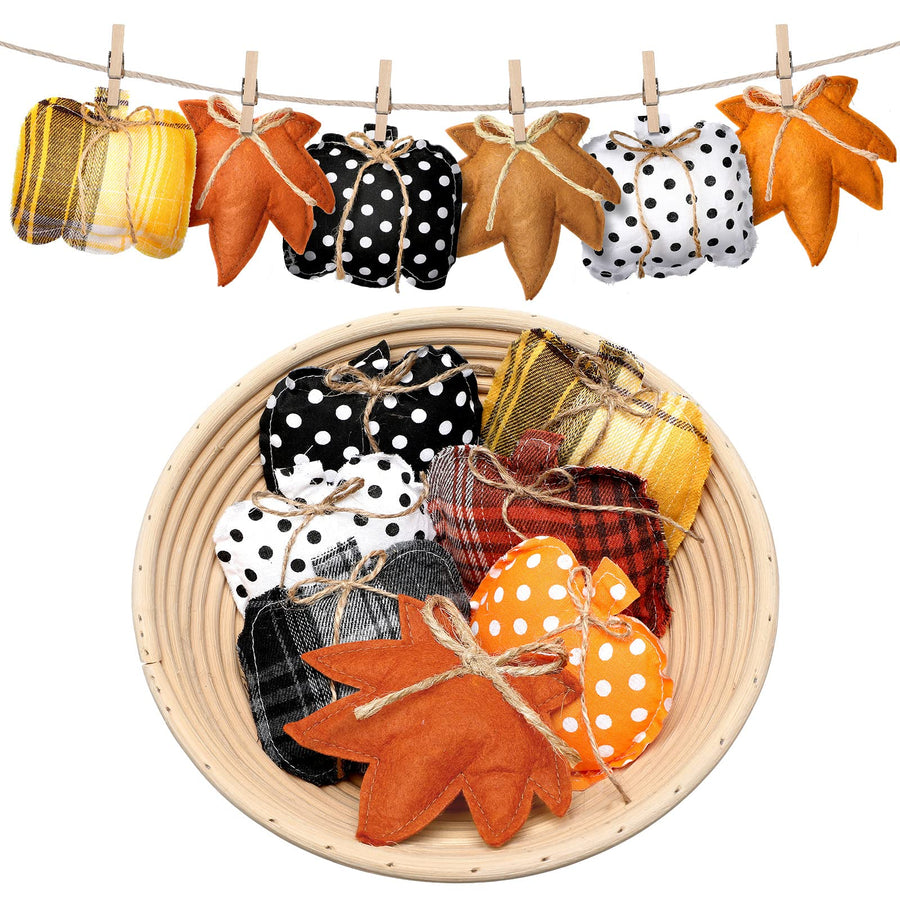 18 Pcs Fall Thanksgiving Ornaments for Tree Pumpkin Maple Leaves Halloween Hanging Decorations Buffalo Plaid Polka Dot Thanksgiving Farmhouse Fabric Ornaments for Harvest Autumn Decor (Plaid Style)