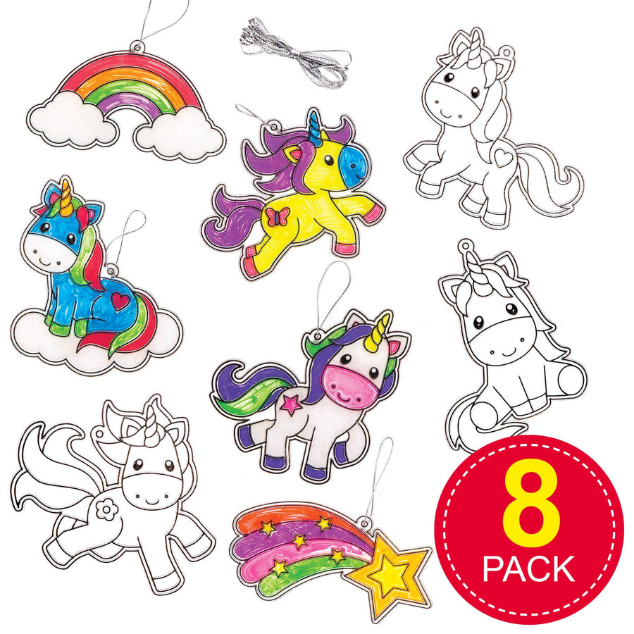 AR384 Unicorn Colour in Window Decorations - Pack of 8, Suncatcher Stained Glass Effect for Kids